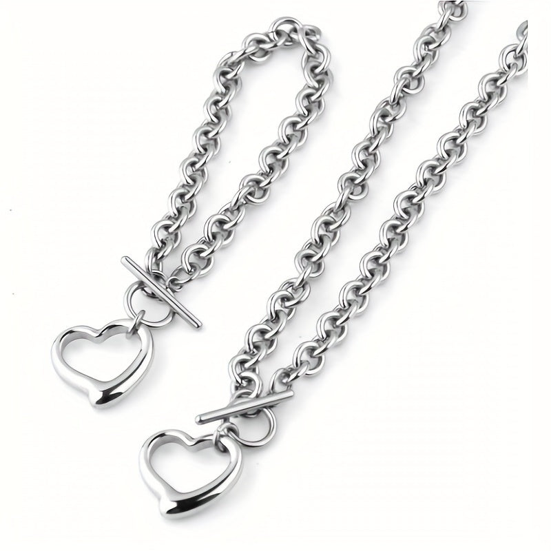 1 Set Exquisite Titanium Steel Stainless Steel Hollow Heart-Shaped Peach Heart Necklace and Bracelet Set - Silver Plated