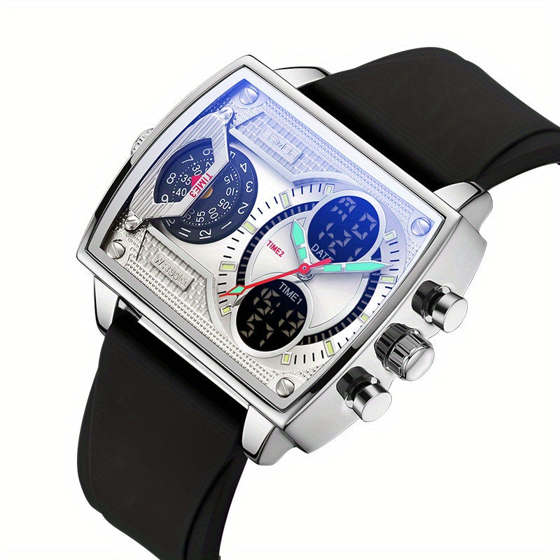 Large Dial Multi Time Zone Men's Watch, Square Dual Display Multifunctional Sports Watch with Dual Time Zone, Date, Alarm, and Stopwatch Functions