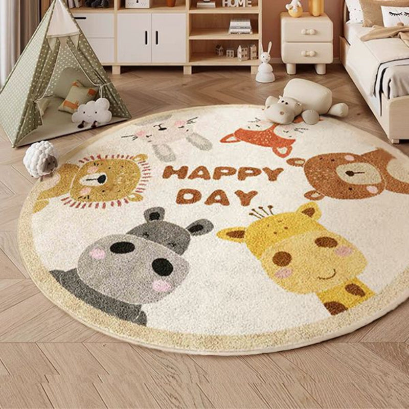 Plush Cartoon Animal Round Mat - Ultra-Soft, 10mm Thick, 1000g/sqm, Non-Slip & Machine Washable - Perfect for Youngsters' Bedroom, Living Room, Play Area - Featuring Cute Lion, Bear, Rabbit, Giraffe Designs, Rugs for Living R