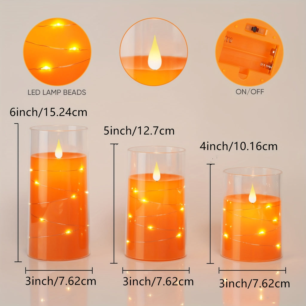 Flickering Flameless Candles with String Lights, Battery Operated Candles, Embedded String Lights LED Candles, Candles with Remote, Set Of 3