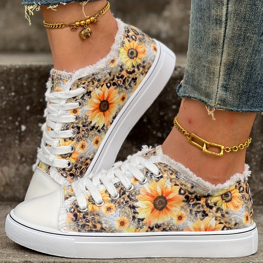 Womens Sunflower Canvas Shoes - Vibrant Print, Comfortable Casual Lace-Up Design - Perfect for Outdoor Walking Adventures, Ultra-Lightweight & Low Top