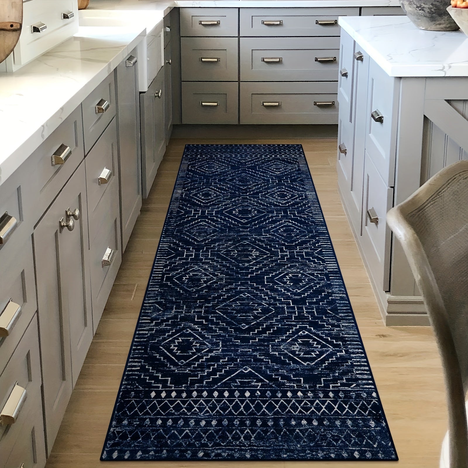 Moroccan Blue Geometric Runner Mat – Soft, Washable, Non-Slip Polyester Mat for Kitchen, Hallway, Bedroom, Bathroom & Closet, 2'6"x8', Rustic Entryway Floor Decor, Kitchen Rugs