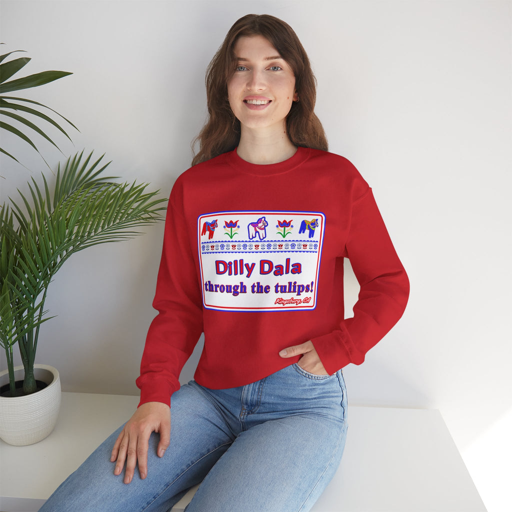 Crewneck Sweatshirt — "Dilly Dala Through the Tulips" Floral Folk Art Design