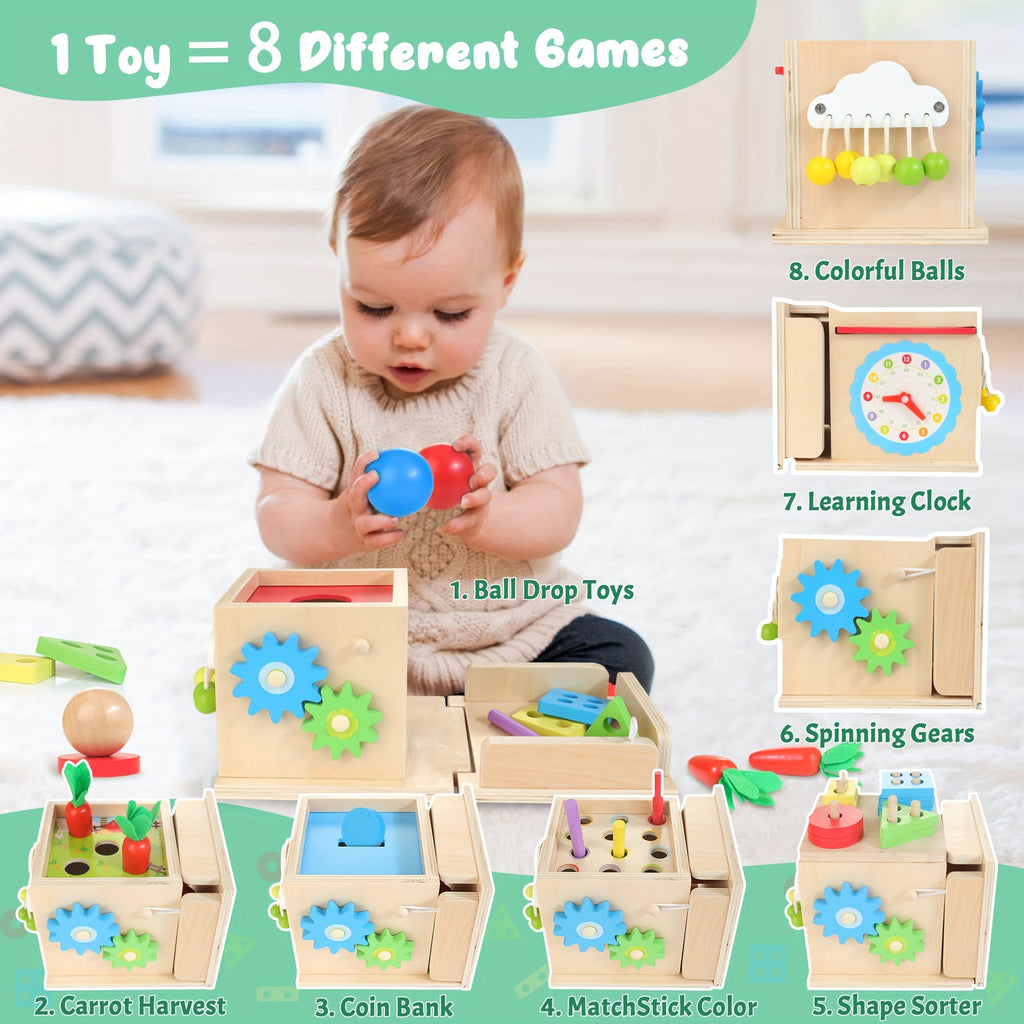 Wooden Baby Toys, 8-in-1 Wooden Play Kit Includes Object Permanent Box, Coin Box, Carrot Harvest, Shape Sorting & Stacking - Christmas Birthday Gift for Boys Girls Toddlers