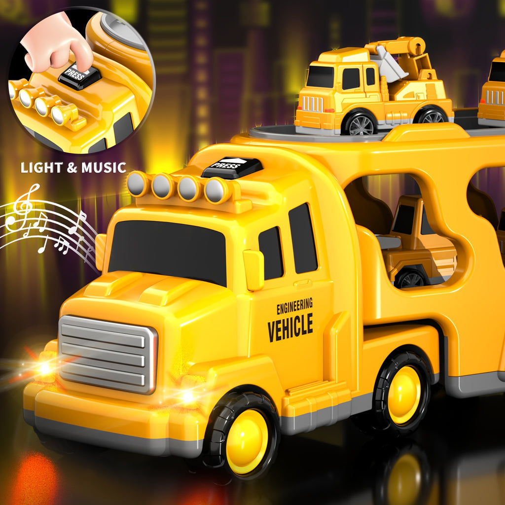 Fire Truck Toys for 3 4 5 Boys Toddlers, 5in 1 Kids Carrier Fire Trucks Cars for Boy Toys Birthday, Car Trucks Friction Power Toys with Light Sound
