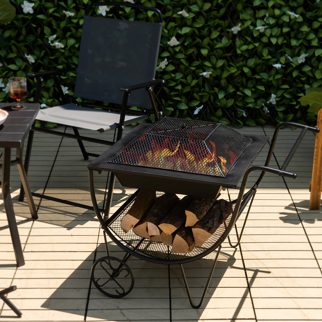 1pc Deluxe Outdoor Wood Burning Fire Pit - Steel Patio Stove with Log Storage Rack and Wheels for Easy Mobility - Perfect for Yard, Garden, and Backyard Gatherings - Durable Construction and Versatile Design