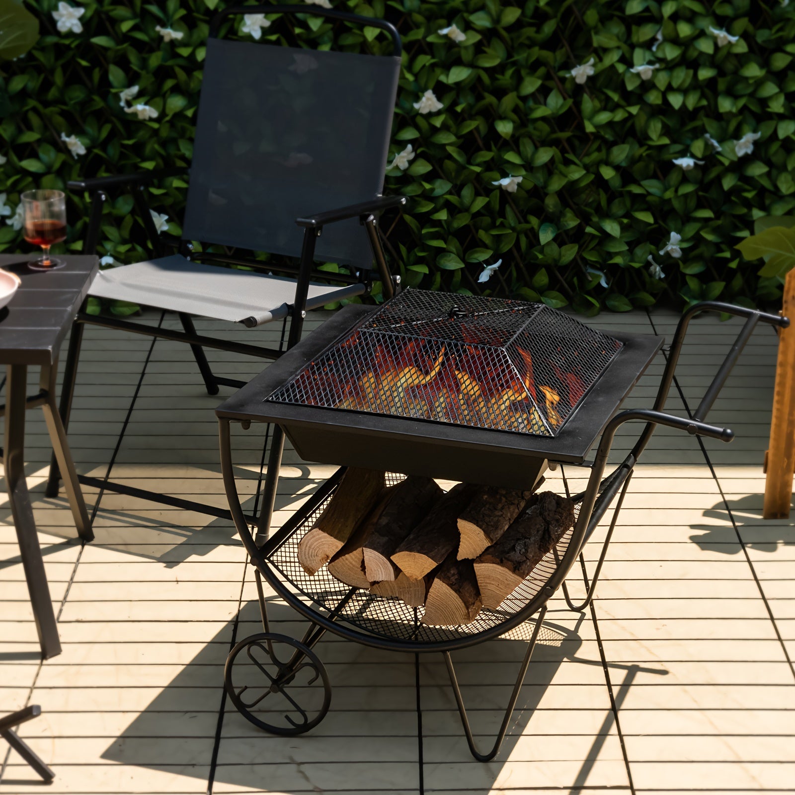 1pc Deluxe Outdoor Wood Burning Fire Pit - Steel Patio Stove with Log Storage Rack and Wheels for Easy Mobility - Perfect for Yard, Garden, and Backyard Gatherings - Durable Construction and Versatile Design