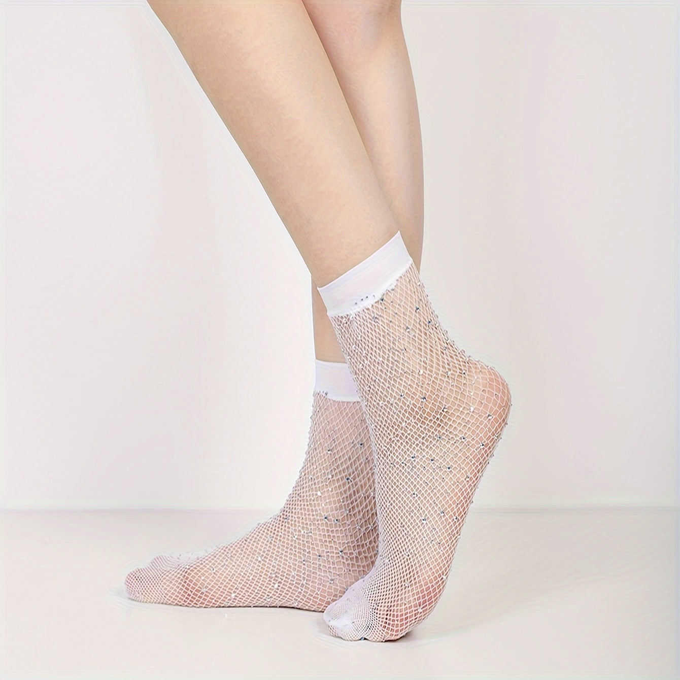 Rhinestone Black Fishnet Stockings, Sheer Fishnet Mid Tube Socks, Women's Underwear & Hosiery For Music Festival