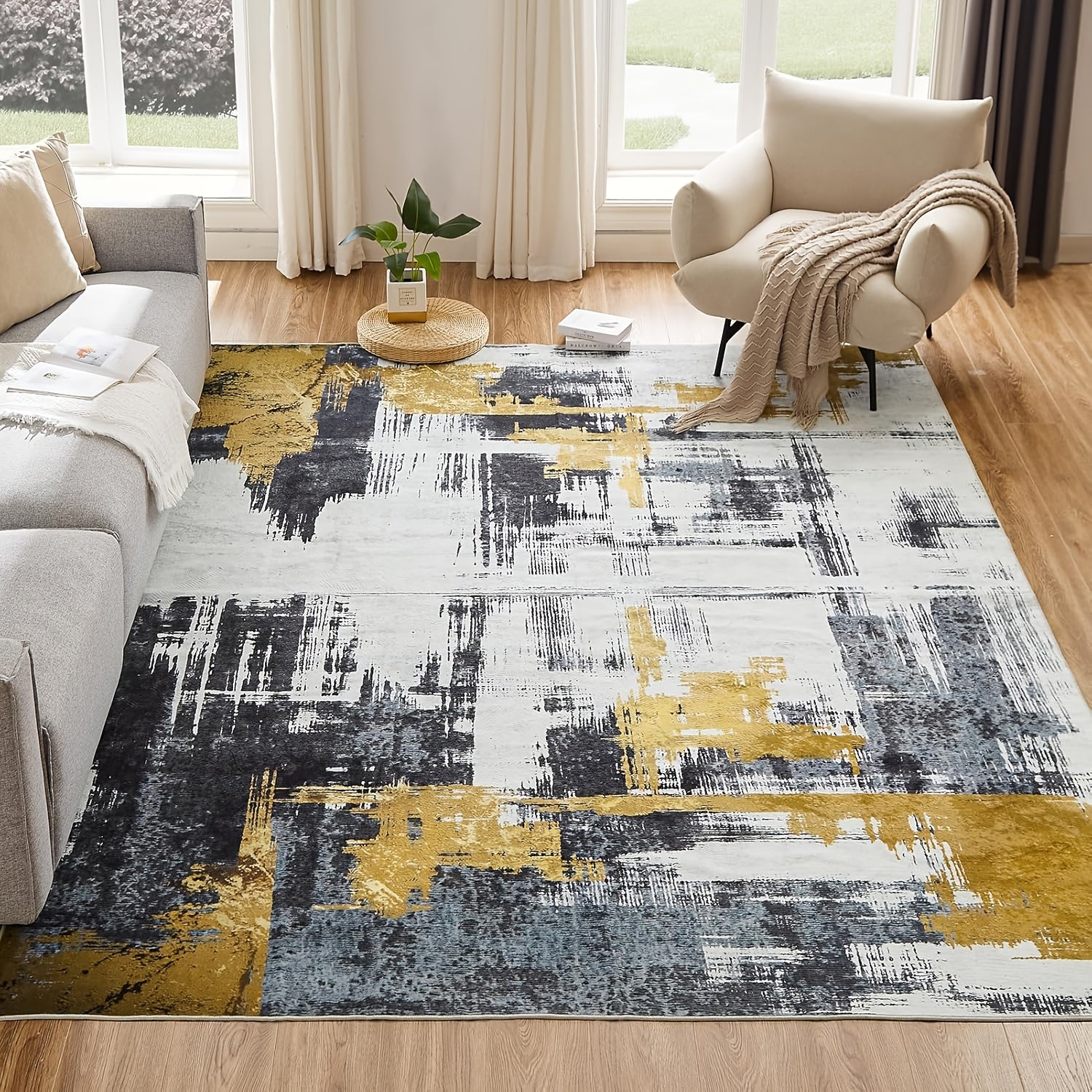 1 pc Machine Washable Rugs 8'x10' Abstract Washable Area Rugs for Living Room Non-Slip Rugs Bedroom Modern Braided Rugs Bohemian Rugs Soft Rugs Kitchen Dining Room Rugs Home Décor Office Rugs Black (Black)