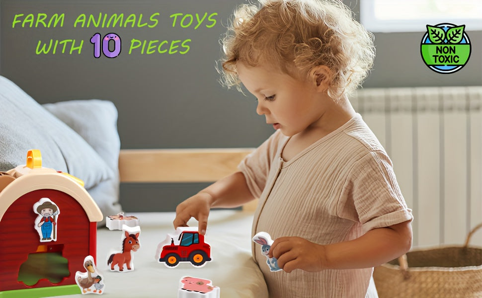 Big Red Take-Along Sorting Barn Toy with Handle, 10 Farm Play Pieces - Farm Toys, Shape Sorting & Stacking Learning Toys Christmas Birthday Gift for Youngsters Boys Girls Halloween Christmas Gift