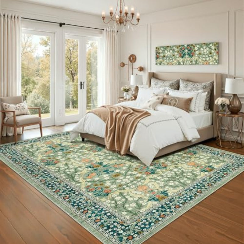 Floral Area Rugs 5x7 Sage Green Washable Rug for Living Room Bedroom Low Pile Non Slip Stain Resistance Indoor Boho Carpet Mat for Farmhouse Dining Room Office