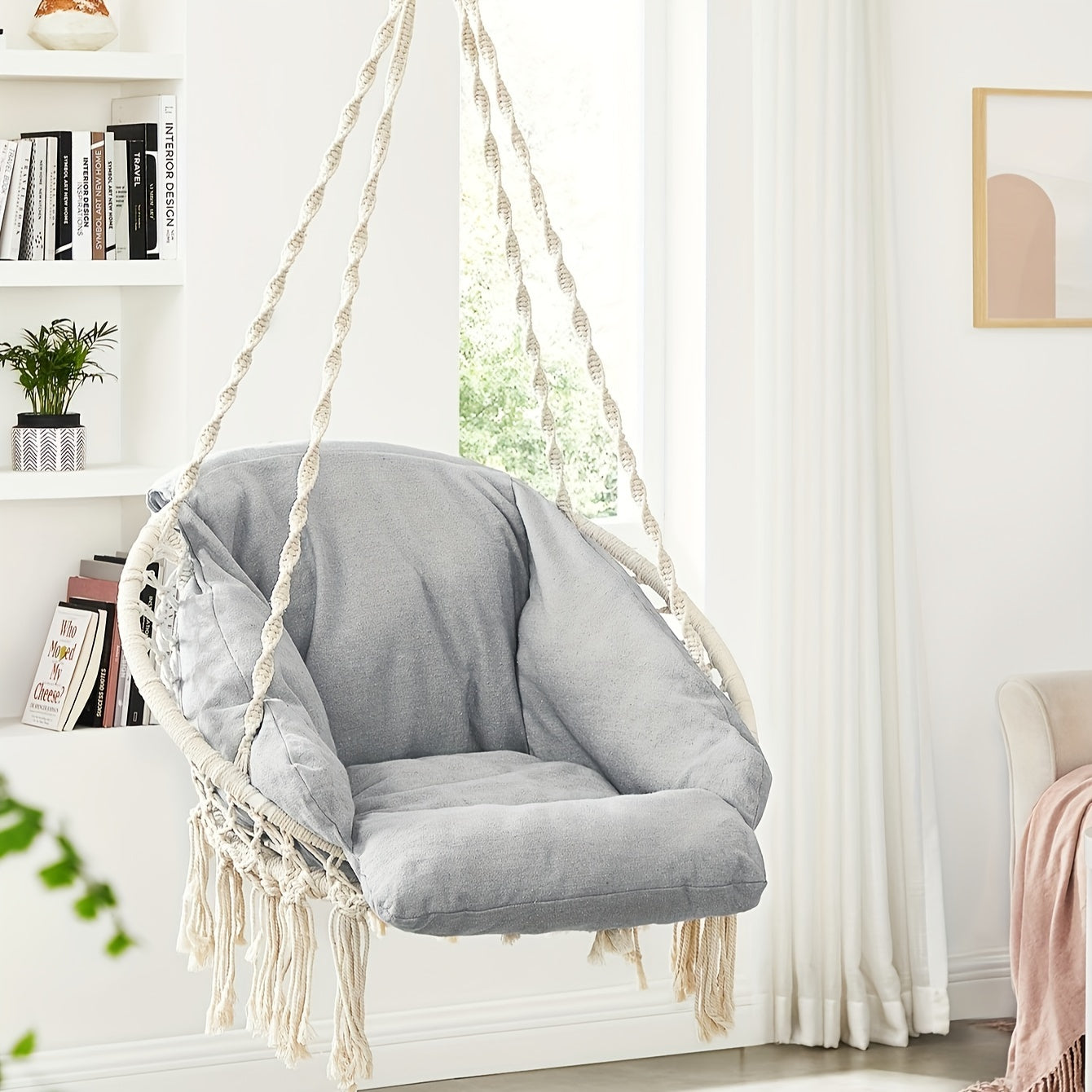 1pc Large & Thick Hanging Chair with Cushion, Boho Swing Chair for Bedroom, Patio, Balcony, Garden (Up to 264 lbs Capacity, Accessories Included)