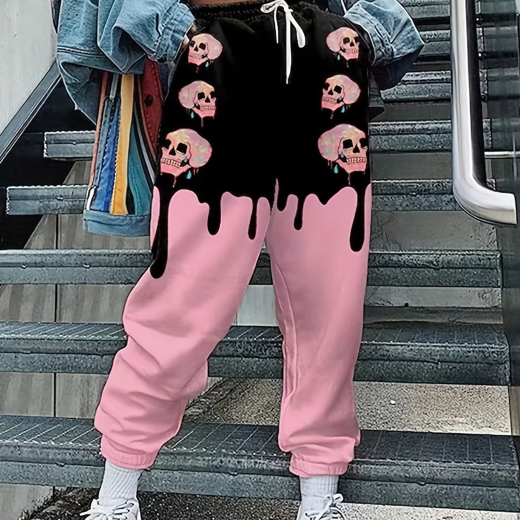 Elastic Waist Casual Sports Pants, Skull Graphic Halloween Sweatpants For Jogging Running Workout, Women's Athleisure