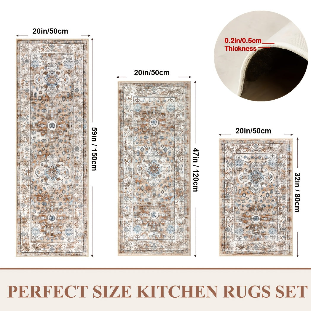 1/2/3pcs Bohemian Style Flannel Kitchen Floor Mats, Washable Low-area Rugs, Suitable for Decoration In Kitchens, Laundry Rooms And Hallways