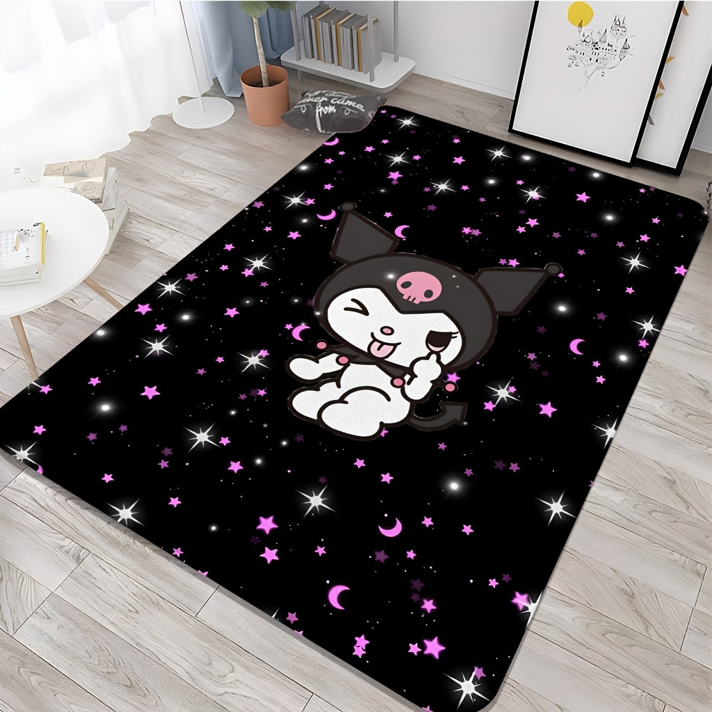 1pc Sanrio Hello Kitty KUROMI Flannel Area Mat - Soft, Washable, Non-Slip Cartoon Mat for Bedroom, Living Room, Indoor Use - Polyester Fiber, Rectangle, Christmas Holiday Decor, Rugs for Bedroom