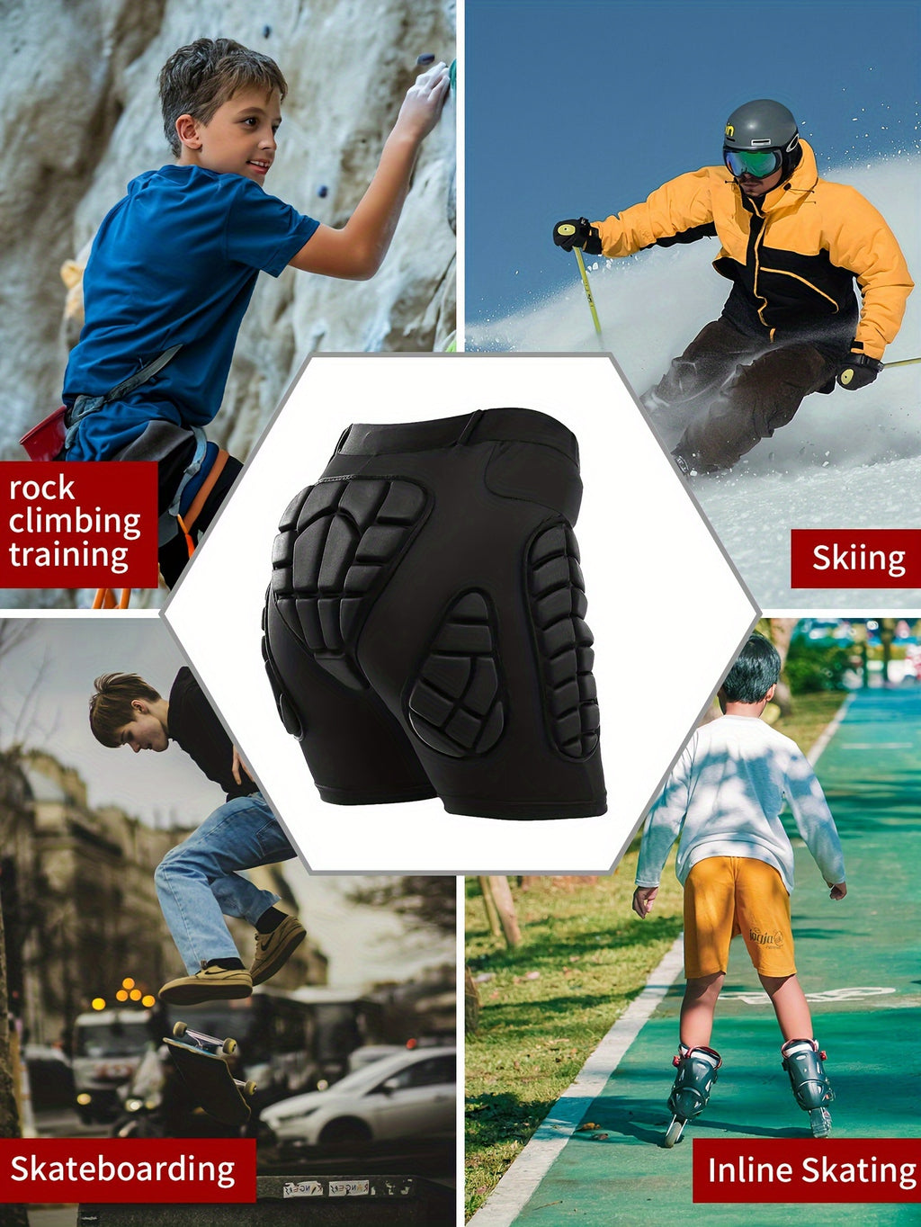 VEPAUS Breathable 3D Padded Shorts for Ice Hockey, Snowboarding, Gymnastics, Roller Skating - Moisture Wicking, Flexible, High Stretch Polyester Knit Fabric, Regular Fit, Four Seasons Sports Gear