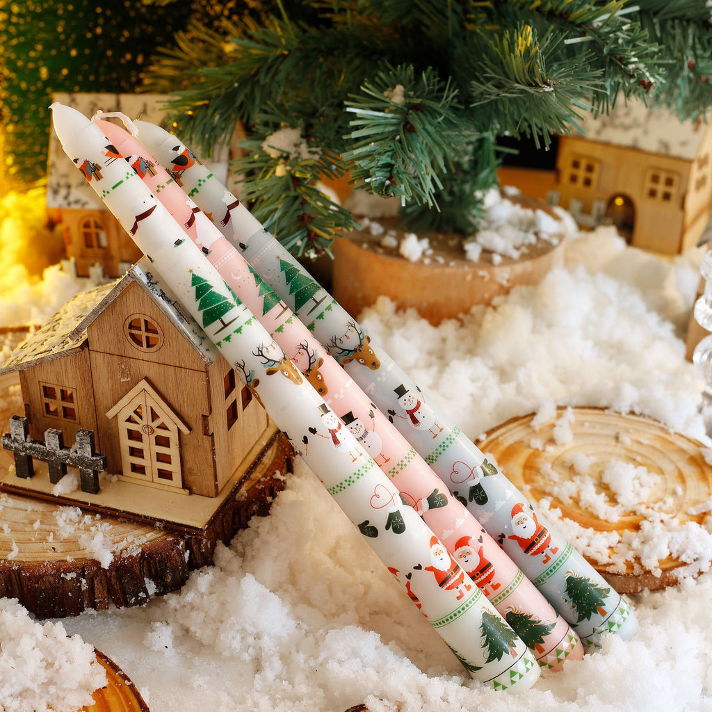 2pcs Christmas Themed Decorative Candles - 10-Inch Smokeless Single-Wick Candle Set with Santa, Snowman, Elk & Tree Patterns - Perfect for Dinner, Banquet, And Festive Ornaments