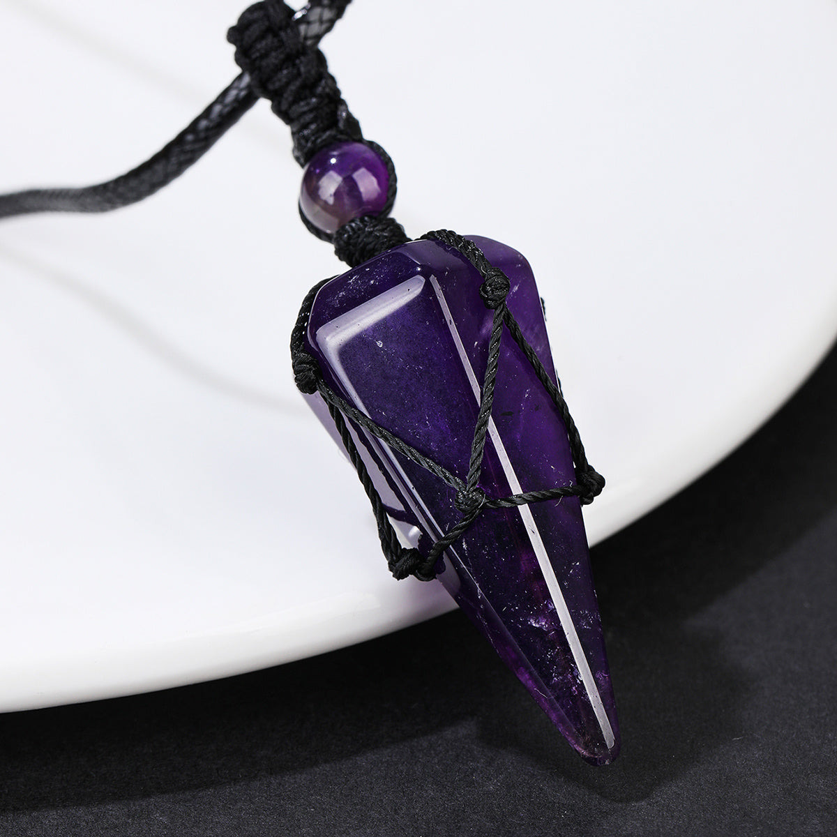 Stylish Men's Natural Amethyst Crystal Hexagonal Cone Pendant Necklace with Braided Rope - Fashion Accessory