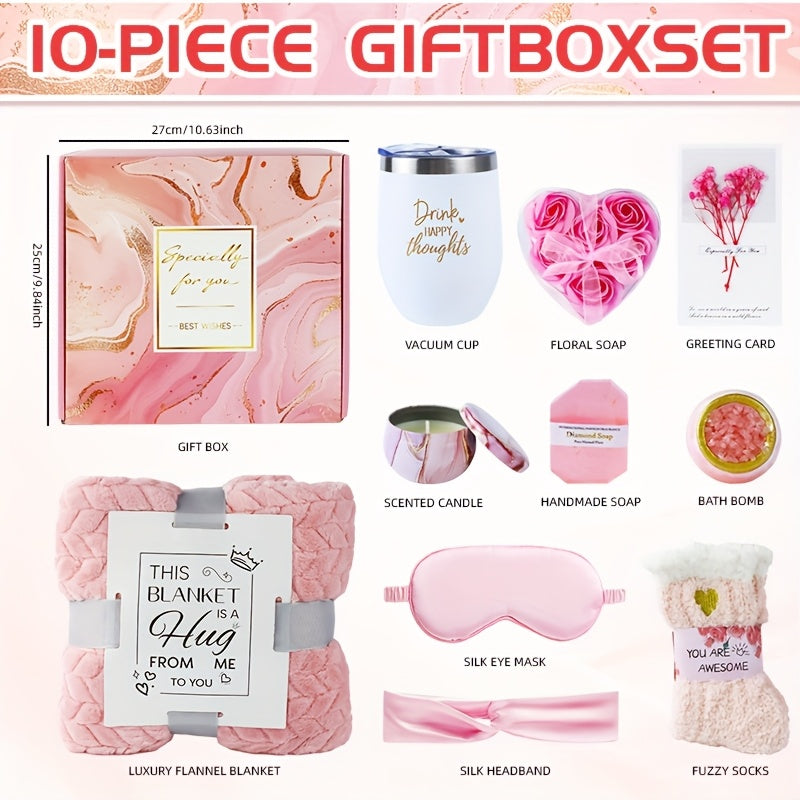 Bath Gift Set with Rose Scented Candles, Dried Flowers, Bath Salt Balls, Water Cups, Eye Masks, Gift Cards, Blankets, Soaps, Socks, Hair Ribbons, Can Be Used As Birthday, Christmas, Mother's Day, Valentine's Day Gifts for Fam