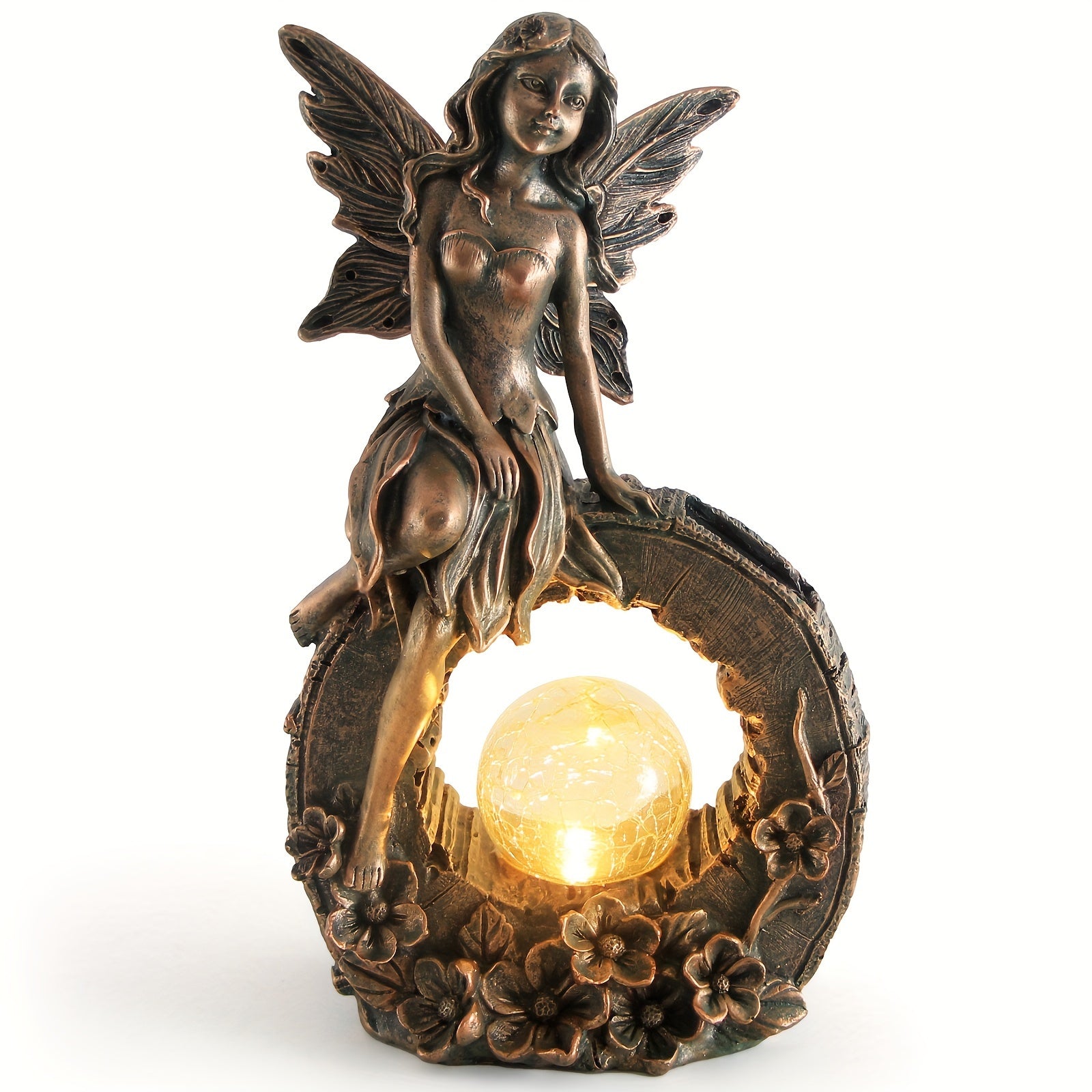 10.7 Inches Garden Outdoor Statue, Flower Fairy Decor, Solar Powered Resin Figurine, Light Sculpture For Yard Lawn Patio Balcony Decoration, Housewarming Gift
