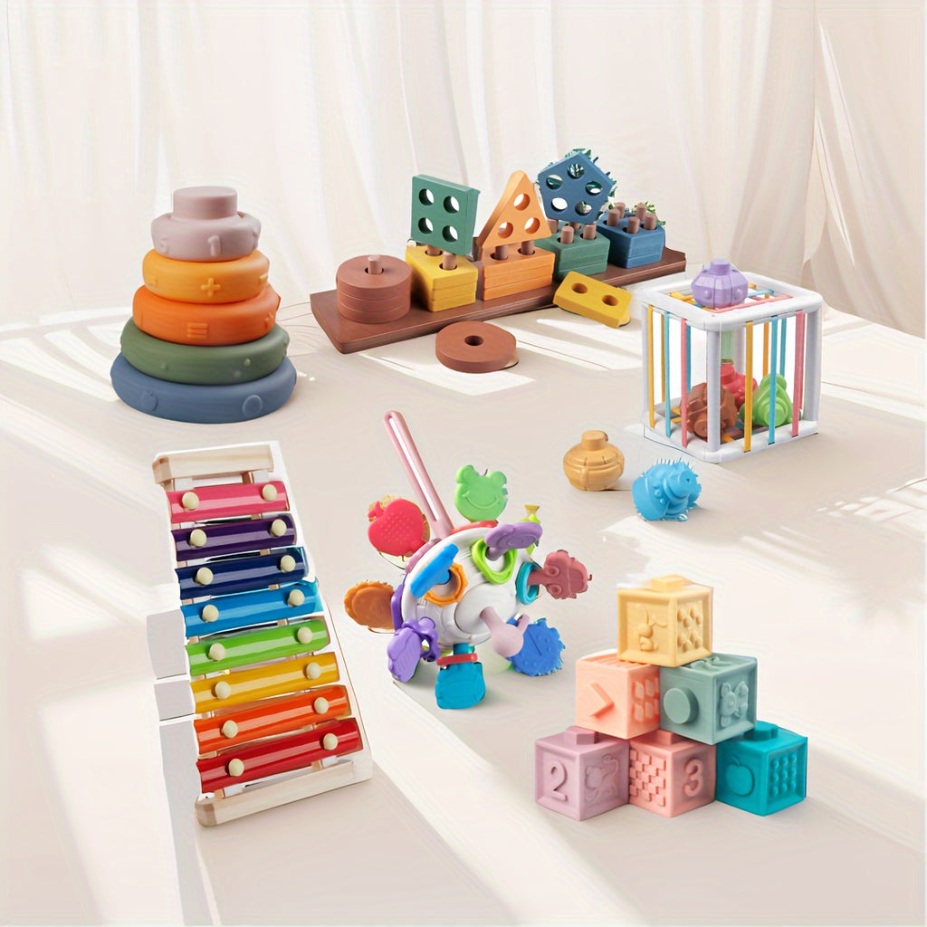 6-in-1 motor skills toys, sensory teething ring toys, baby wooden sorting and stacking toys, gifts for girls and boys 6, 9, 12 months 1, 12, and 3 years old children learning toys
