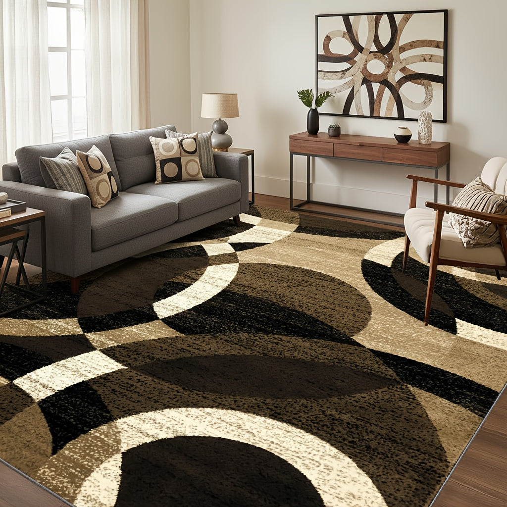 1pc Extra Large Luxury Mat - Black, Golden, Beige Modern Geometric Pattern Large Area Mat - Plush Soft Polyester Fiber Mat for Living Room, Bedroom, Kitchen - Machine Washable & Non-Slip Backing - Elegant Home Decor in Black,