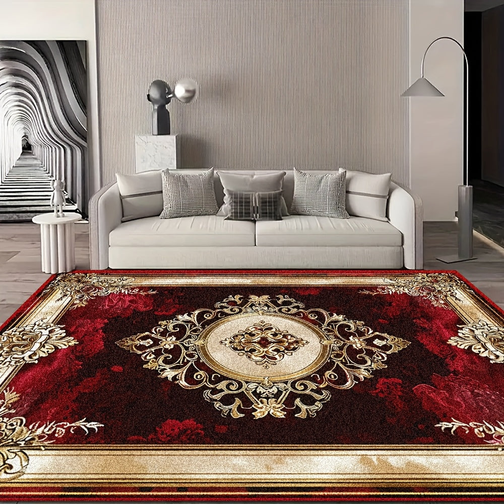 1pc Luxury Large Rectangular Mat - Burgundy & Golden Elegant Design, Soft Flat Weave Area Mat with Non-Slip Rubber Backing, Deep Red/Black/Golden/Beige/Brown Tones for Living Room, Bedroom, Office, Wedding & Father's Day Deco