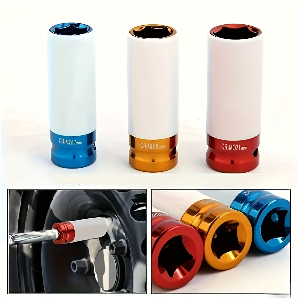 4pcs wheel hub protection hexagonal deep socket/ratchet wrench set, 1/2" drive, metric 17, 19, 21mm wheel guard six-point deep socket, 1/2" oscillating and telescopic