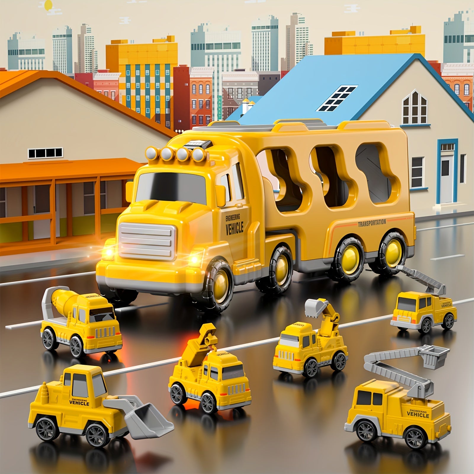 Kids Car Toys, 7 In 1 Construction Car Trucks Playset With Play Mat & Accessories, Birthday Halloween Christmas Gifts For Kids Boys Girls
