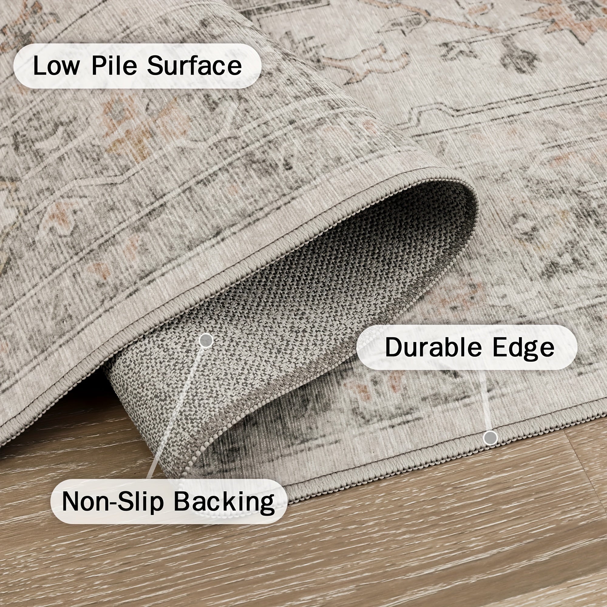 Area Rugs for Living Room, Machine Washable Non Slip Vintage Retro Rugs, Low Pile Lightweight Chenille Print Rug for Bedroom, Dining Room, Home Office, Light Taupe Brown