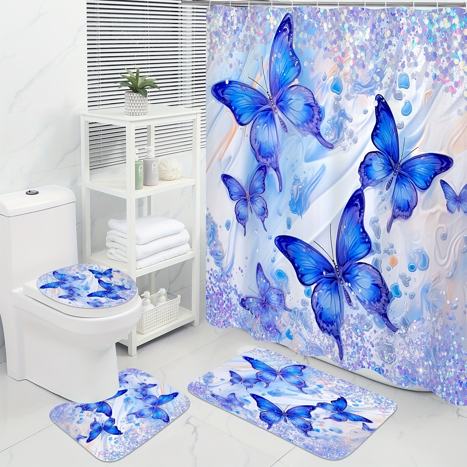 4 Pcs Blue Floral Butterfly Bathroom Sets With Shower Curtain And Rugs, Spring Shower Curtain Sets With Rugs For Modern Bathroom Decor, Sparkling Bathroom Sets With Rugs And Accessories