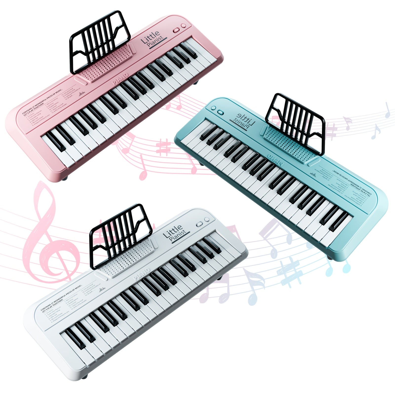 Youngsters Piano Keyboard Toys, 37 Keys Youngsters Piano Music Instruments Toy with Microphone, Pink Blue Piano Multipie Sounds, Stickers, Birthday Gifts for Boys and Girls