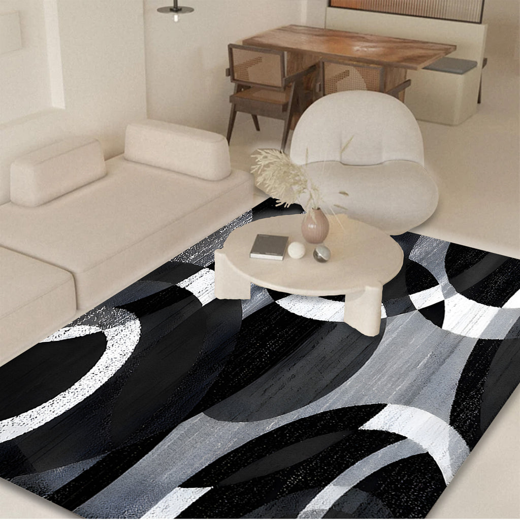850gsm Velvet Area Mat - Modern Abstract Black & White Circular Pattern, Machine Washable Non-Slip Thick Pile, Ultra-Soft Durable Mat for Living Room Bedroom Entryway, Contemporary Home Decor, Large Area Rugs Living Room, Ent