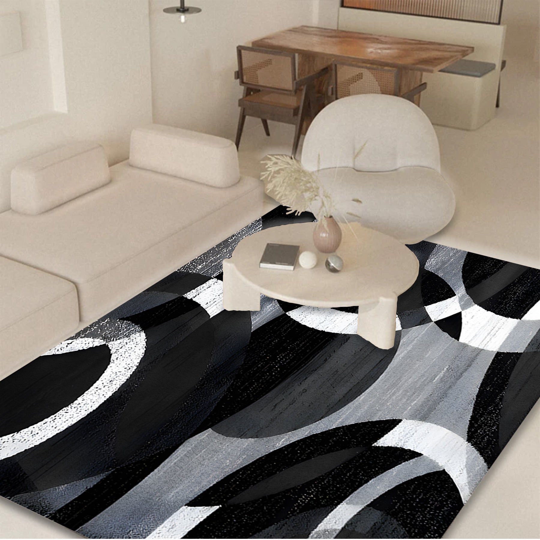 850gsm Velvet Area Mat - Modern Abstract Black & White Circular Pattern, Machine Washable Non-Slip Thick Pile, Ultra-Soft Durable Mat for Living Room Bedroom Entryway, Contemporary Home Decor, Large Area Rugs Living Room, Ent