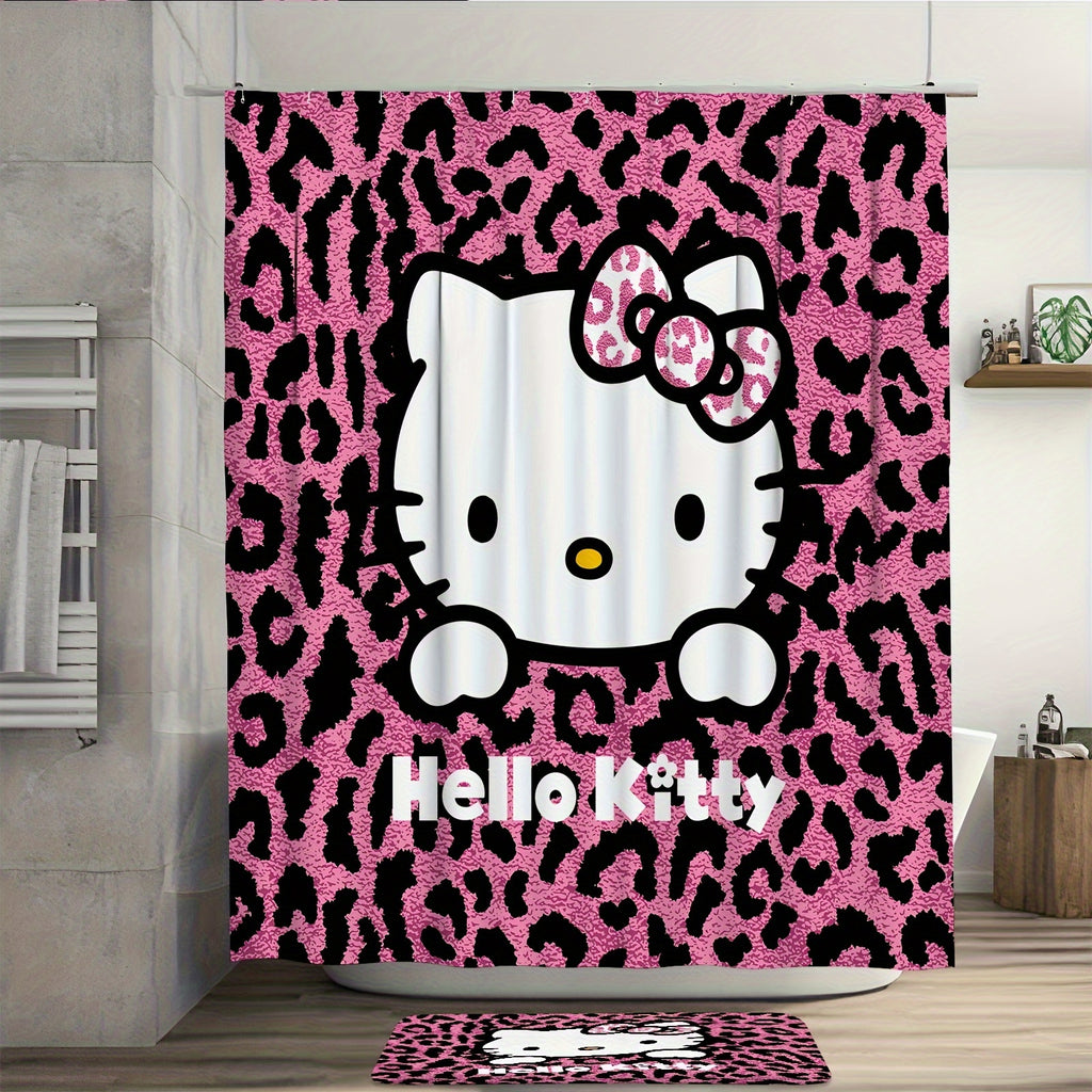 Sanrio Hello Kitty 1/3/4 Piece Shower Curtain Set with Grommet, Stain Resistant, Machine Washable, Knit Weave, All-Season Polyester Bathroom Decor with Shower Curtain and Rugs