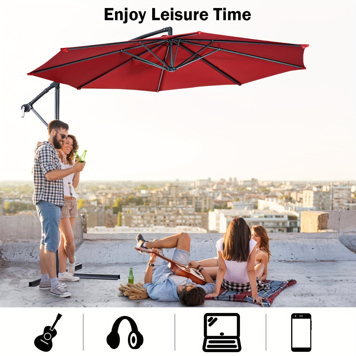 1pc 10ft Classic Burgundy Hanging Umbrella - Water-Resistant, UV Protection, Offset Patio Sun Shade with Sturdy Cross Base - Perfect for Outdoor Market, Garden, or Backyard Events