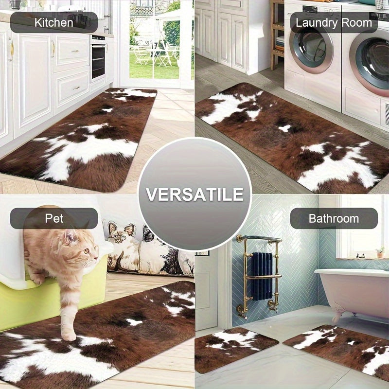 2/3pcs Kitchen Mat Set, Brown and White Cow Print Kitchen Rugs, Country Farmhouse Kitchen Decorative Small Rugs, Brown Cowhide Texture Rugs, Flannel Material Non-slip Soft Comfortable Easy to Clean, Suitable for Bedroom Livin