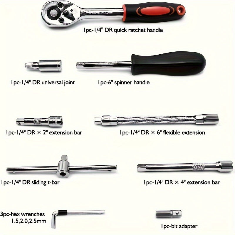 46-Piece Professional Socket Set - Durable 1/4 Inch Drive Ratchet Wrench Kit with Metric Sockets f
