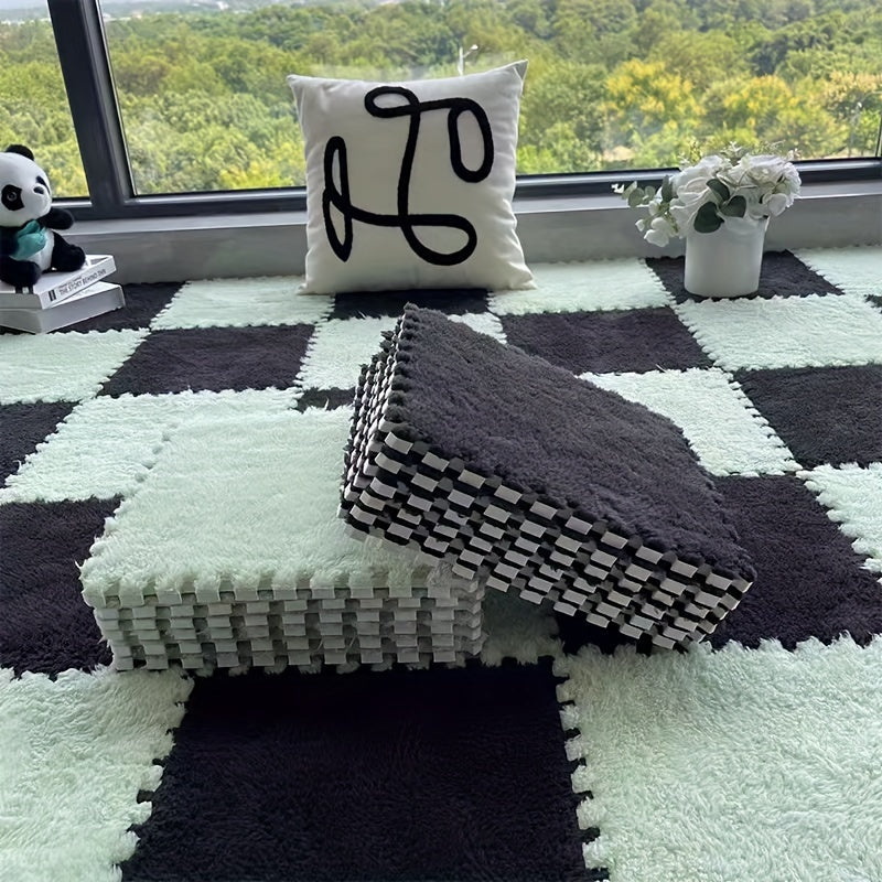 [Soft Coral Fleece Mat] 30pcs Soft Coral Fleece Checkered Area Mat - Soundproof, Black/White/Light Green - Low-Piece, Perfect for Bedroom, Living Room, Playroom, Year-Round Comfort & Style, Bedroom Floor Decor | Checkered Pat