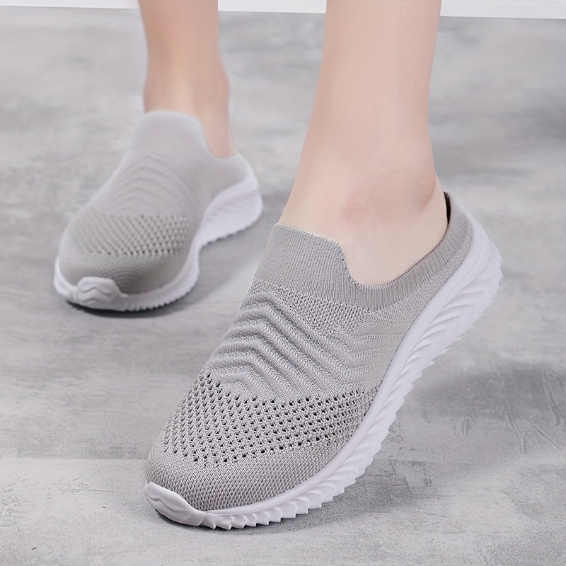 Women's Solid Color Knit Sneakers, Breathable Closed Toe Slip On Slippers, Casual Walking Mules
