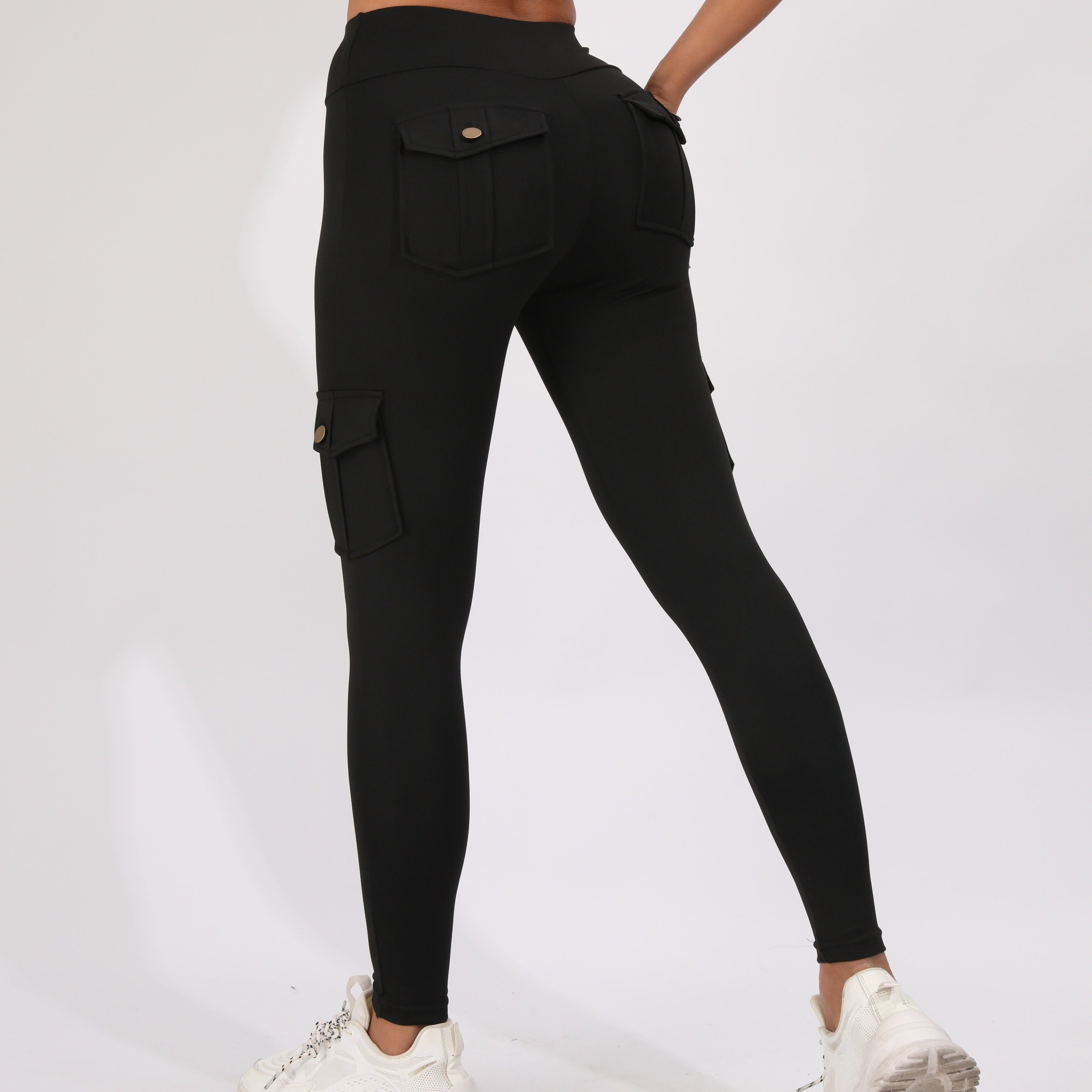 Black Flap Pockets Sports Pants, Moisture Wicking High Waist Breathable Fitness Workout Casual Cargo Pants, Women's Clothing