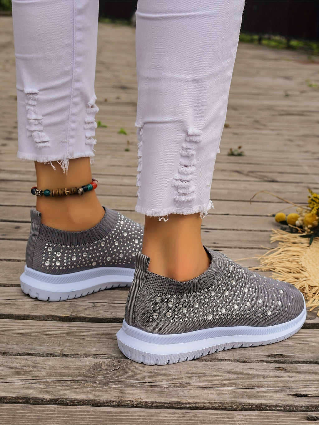 Women's Rhinestone Decor Slip-on Sneakers, Fly Woven Sports Shoes, Breathable Low Top Walking Shoes For Music Festival