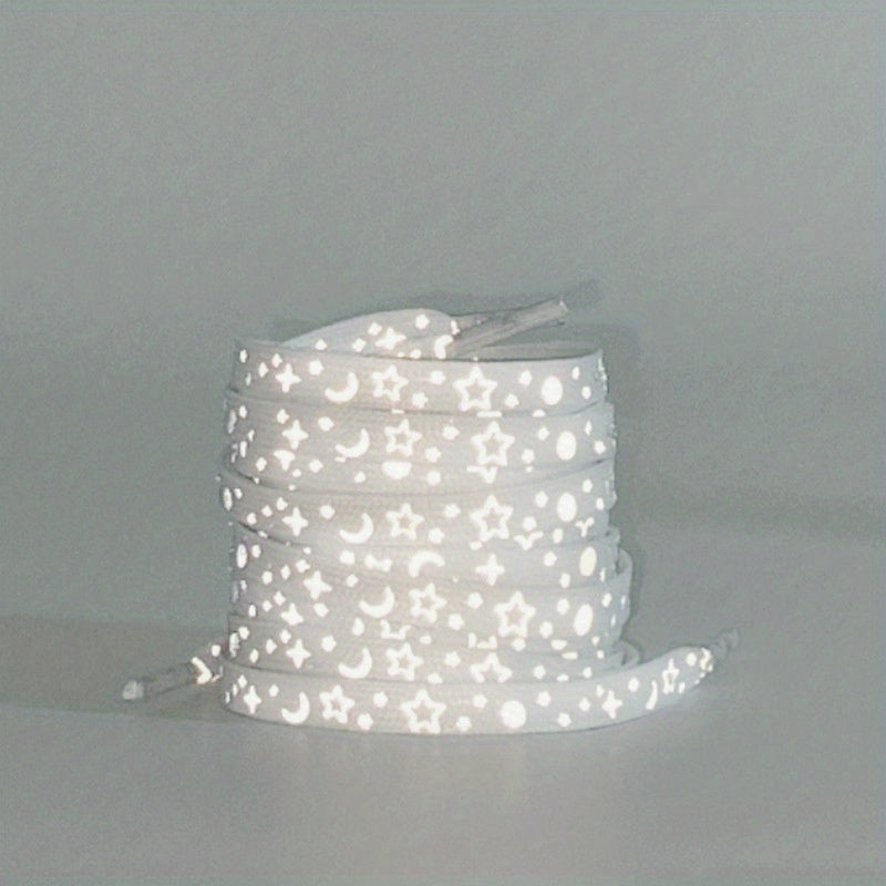 1 Pair Dazzling Holographic Reflective Star Moon Shoelaces - Double-Sided Luminous, AdjustableNighttime Running, Cycling,