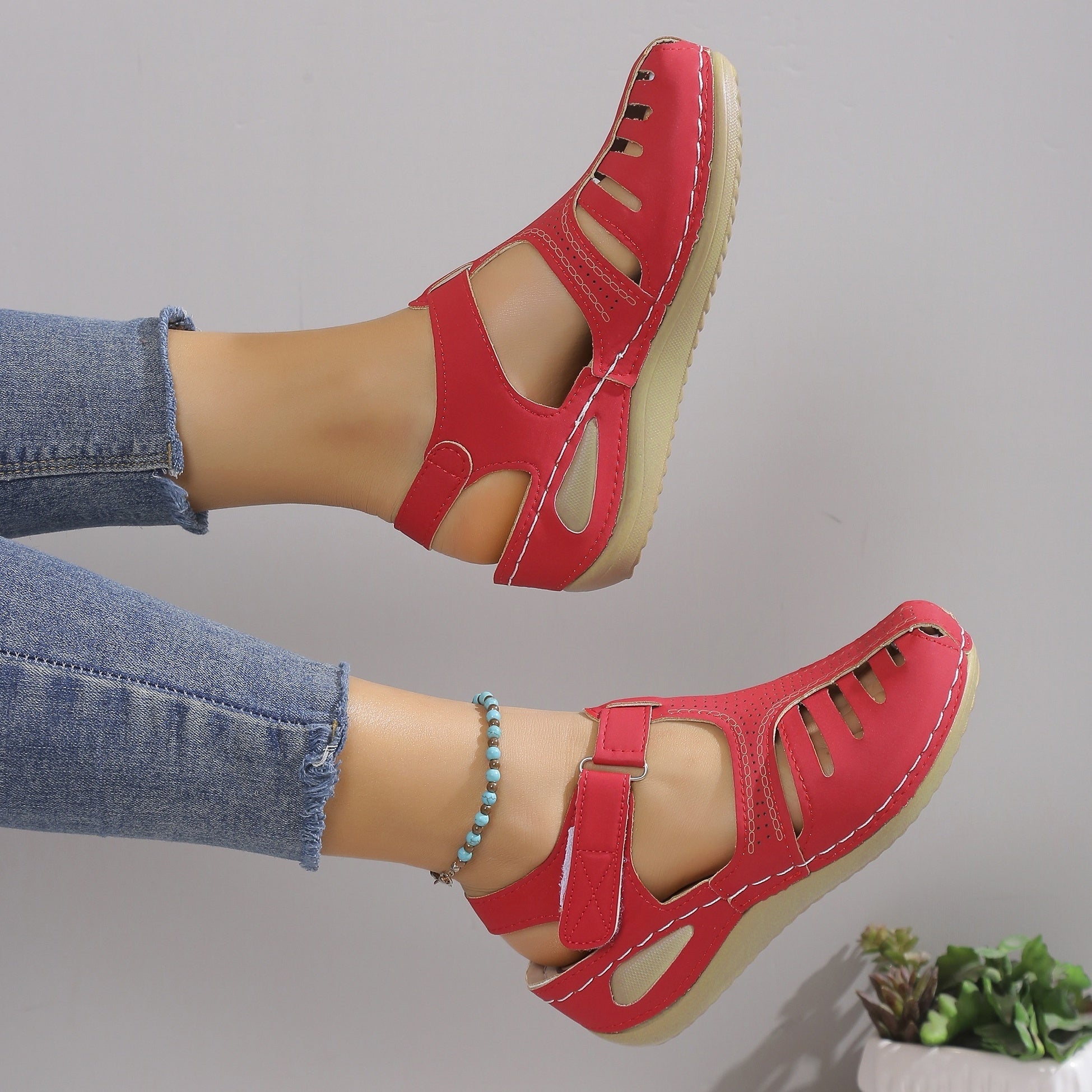 Women's Platform Sandals, Closed Toe Round Toe Solid Color Ankle Strap Sandals, Women's Hook And Loop Shoes