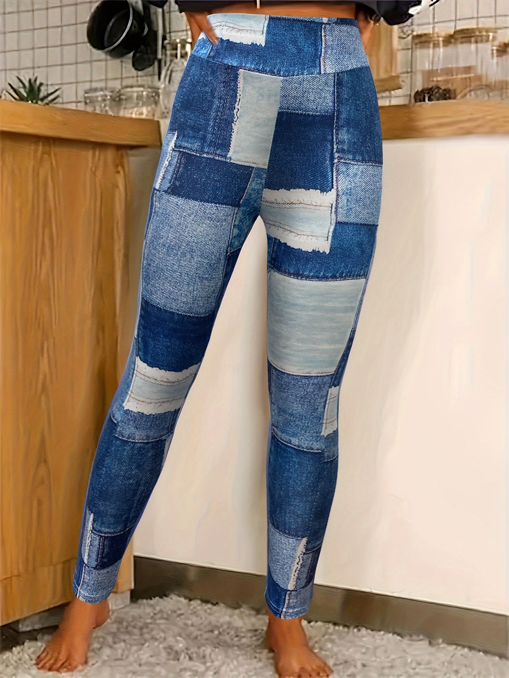 Yoga Fitness Leggings, Plaid Panel Denim Print High Waist Sports Pants, Women's Activewear