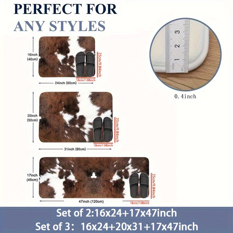 2/3pcs Kitchen Mat Set, Brown and White Cow Print Kitchen Rugs, Country Farmhouse Kitchen Decorative Small Rugs, Brown Cowhide Texture Rugs, Flannel Material Non-slip Soft Comfortable Easy to Clean, Suitable for Bedroom Livin