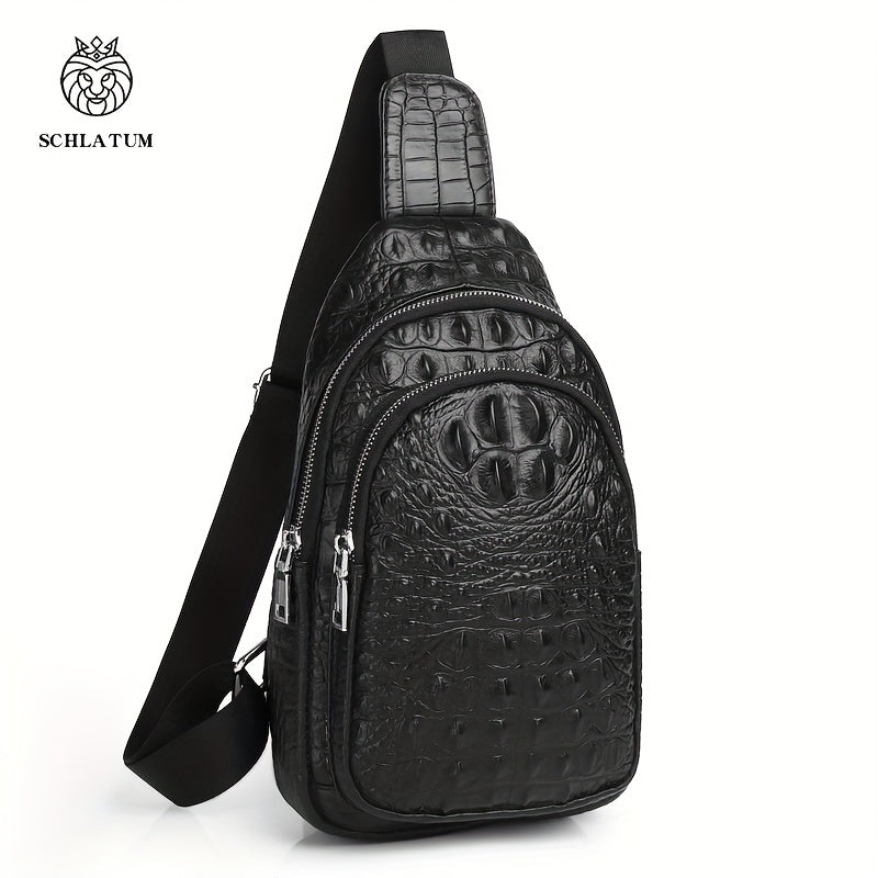 SCHLATUM Men and Women's Genuine Leather Crocodile Pattern Crossbody Bag - Large Capacity, Multifunctional for Travel, Sports & Camping