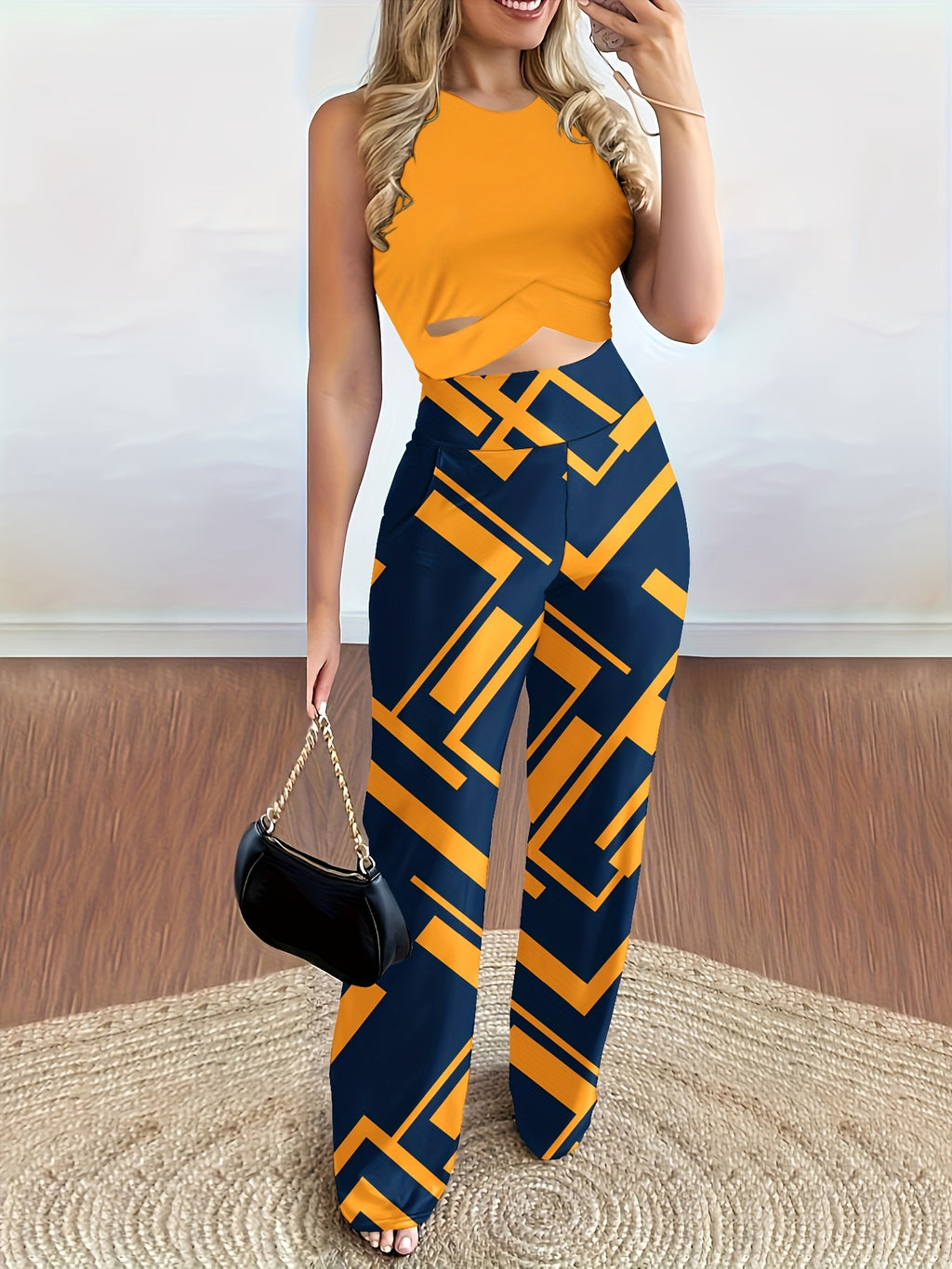 Casual Two-piece Pants Set, Crop Tank Top & Geo Print Pants Outfits, Women's Clothing