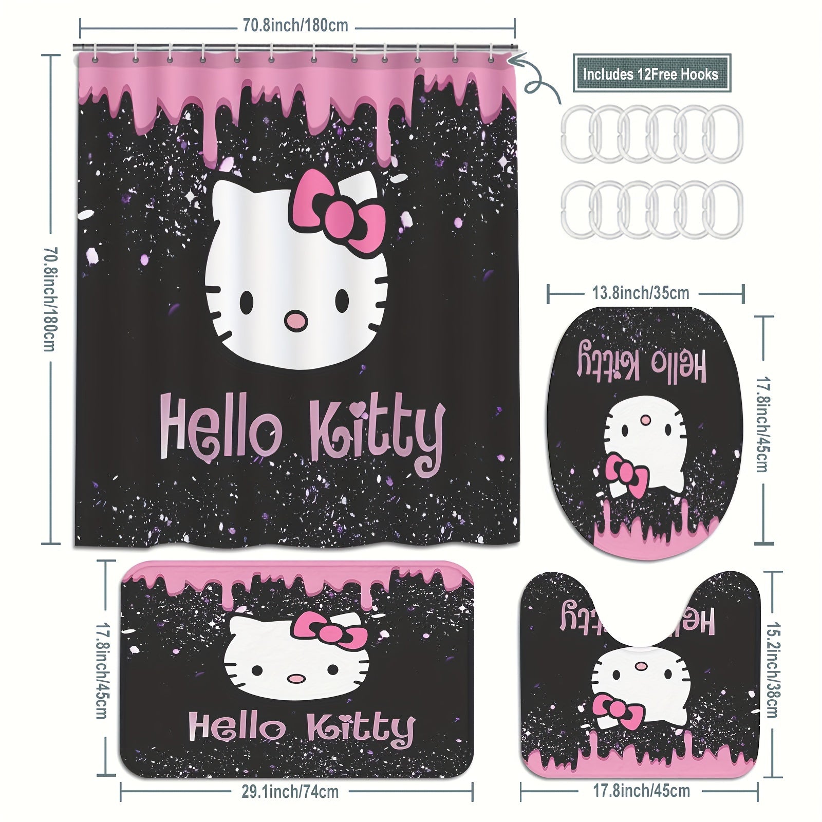 Sanrio Hello Kitty Shower Curtain Sets with Rugs and Hooks, Cartoon Themed Washable Polyester Bathroom Decor, Knit Weave Machine Washable Accessories, All-Season Home Decor Curtain and Mat Set