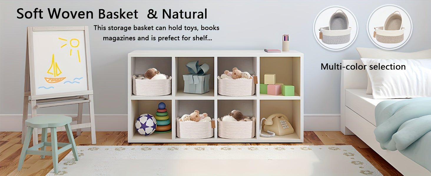 2Pack Cute Small Woven Gift Basket With Handles, 1Pcs 13.8"X9"X6.1"+ 1Pcs 12.6"X8.2"X5.5", Cotton Rope Basket Room Decor, Shelf Storage Basket Chest Box Bin For Cat And Dog Toys, Empty Decorative Gift